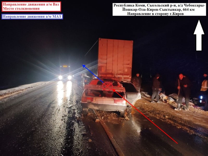 В Сысольском районе нетрезвый водитель ВАЗа врезался в КамАЗ, пострадали три человека