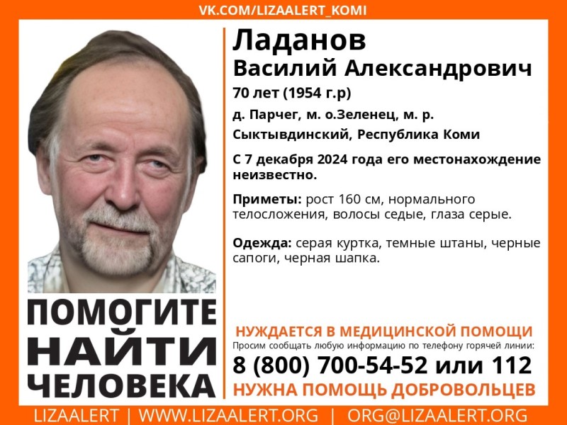 В Парчеге Сыктывдинского района пропал 70-летний мужчина 