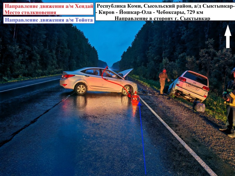 На трассе "Вятка" в Коми водитель Hyundai выехал на встречку и столкнулся с Toyota Land Cruiser