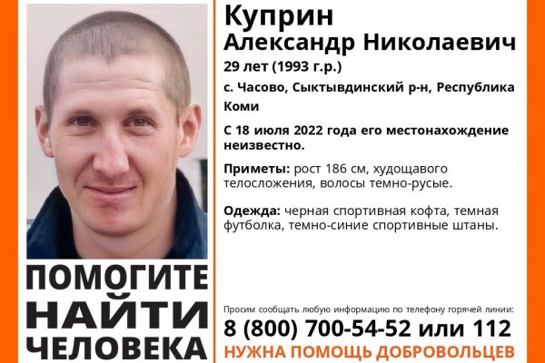 В Сыктывдинском районе пропал 29-летний Александр Куприн 