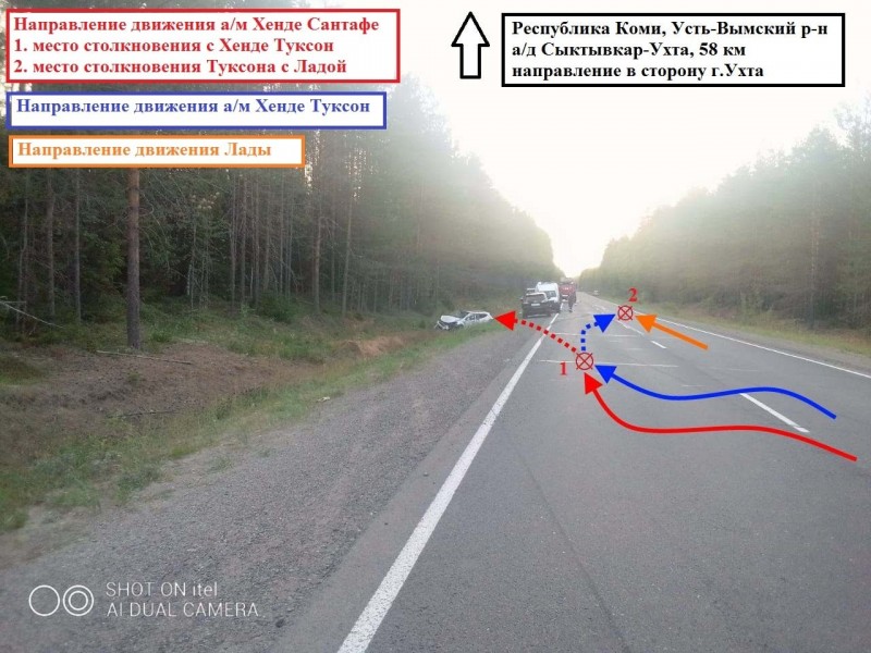 В Усть-Вымском районе женщина-водитель Hyundai Santa Fe спровоцировала двойное ДТП и сама же получила травмы