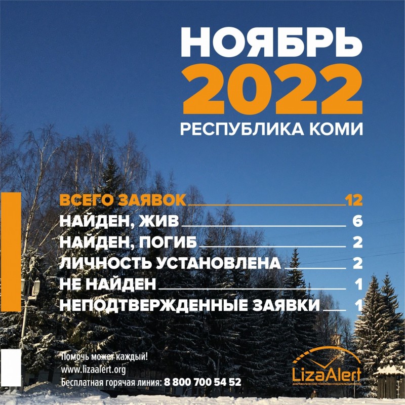 К поисковикам "Лиза Алерт" жители Коми в ноябре обращались 12 раз