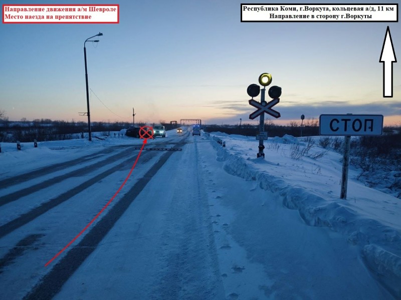 В Воркуте водитель Chevrolet врезался в светофор на железнодорожном переезде