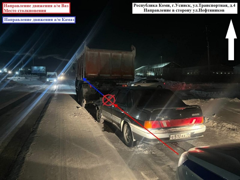 В Усинске водитель ВАЗа не рассчитал дистанцию и врезался в КамАЗ